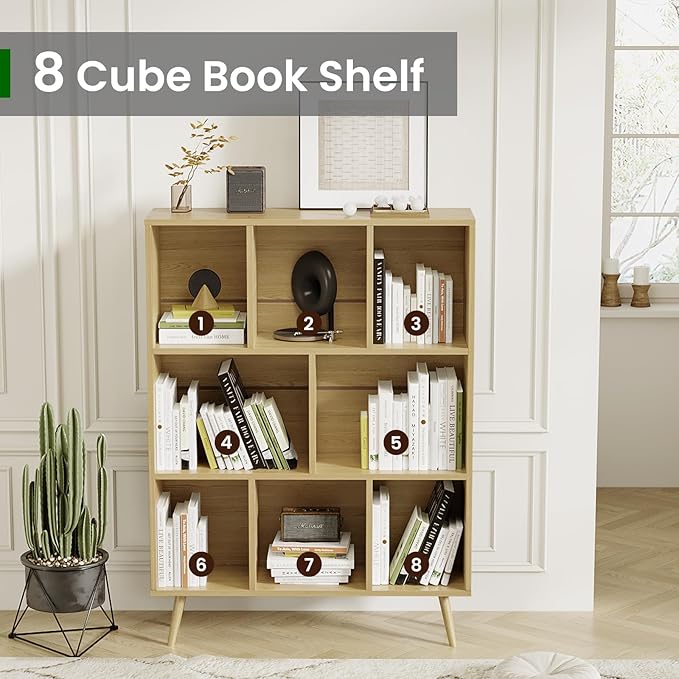 Bookshelf, 3-Tier 8 Cube Open Wooden Book Shelf with Legs, Floor Standing Office Bookcase, Wooden Bookcase for Office Furniture, Cubby Storage Organizer for Living Room/Bedroom