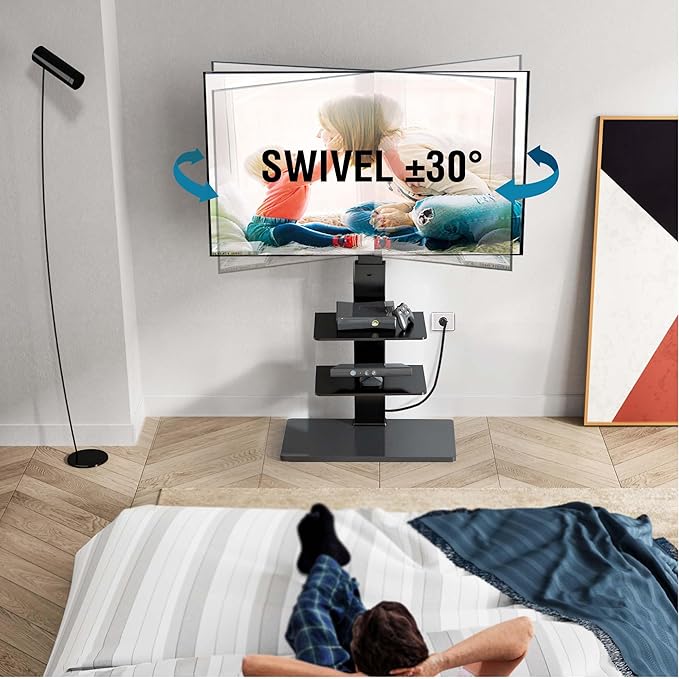 FITUEYES Floor TV Stand for 32-75 inch TV with Power Outlet, Tall TV Mount for Bedroom Living Room with Tempered Glass Base, TV Stand with Mount Holds Up to 88lbs MAX VESA 600x400mm,Black