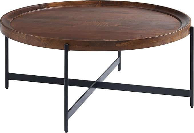 Brookline Solid Acacia Wood 42-Inch Round Coffee Table with Black Powder-Coated Metal Legs – Rustic Industrial Modern Farmhouse Living Room Furniture by Alaterre