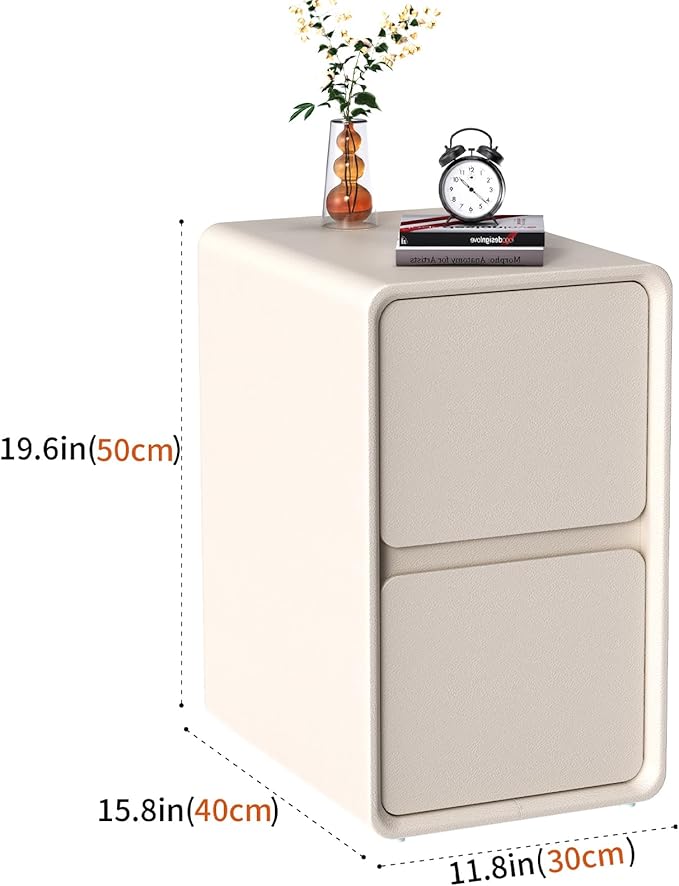 VICITON Modern Narrow Faux Leather Nightstand, Solid Wood Drawer, Storage Accent Table, Small Side End Table for Bedroom (Cream White, Nomal(12 inch))