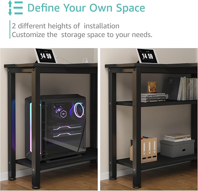 Lufeiya L Shaped Gaming Desk with Drawers & Storage Shelves, 55 Inch Corner Computer Desk with Power Outlet for Home Office Bedroom, L-Shaped Teen PC Desks with Fabric Drawer, Black