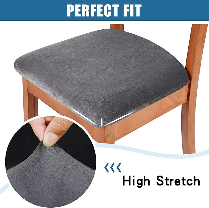 Smiry Velvet Seat Covers for Dining Room Chair Set of 2, Stretch Fit Removable Washable Chair Seat Cushion Protector Slipcovers with Ties, Grey