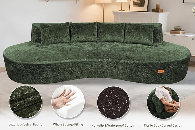 Homguava 104'' Modular Sectional Sofa,Curved Modern Sofa with Memory Foam,Deep Seat Cloud Couch with 4 Pillows,Upholstered Oversized Couches for Living Room Apartment Office,No Assembly Required,Green