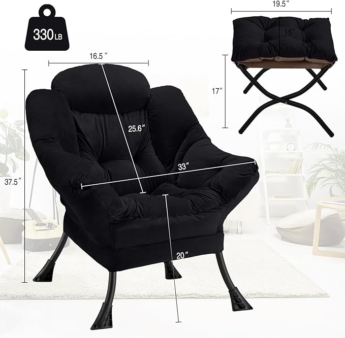 Lazy Chair with Folding Ottoman Modern Large Accent Chair,Contemporary Lounge Leisure Sofa Chair with Armrests Upholstered Sofa Armchair Reading Chair for Bedroom,Dorm & Office(Black-f)