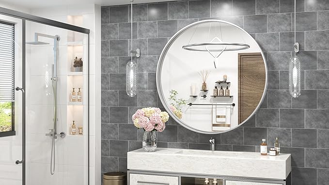TokeShimi 40 Inch Round Silver Bathroom Vanity Mirror for Wall with Non-Rusting Aluminum Alloy Brushed Matte Metal Frame for Modern Minimalist Farmhouse Home Decor