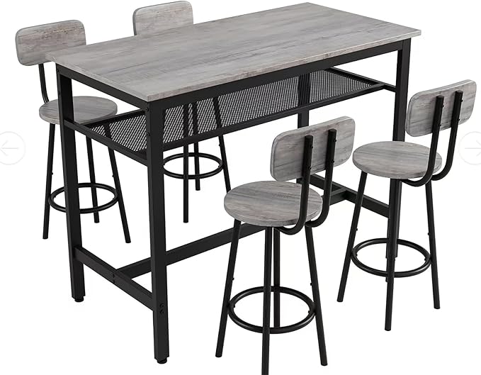 5-Piece Bar Table and Chairs Set, 43.3'' Pub Table Set Modern Small Table and Chairs Set of 4 for Breakfast Nook Living Room Small Space Restaurant, Grey