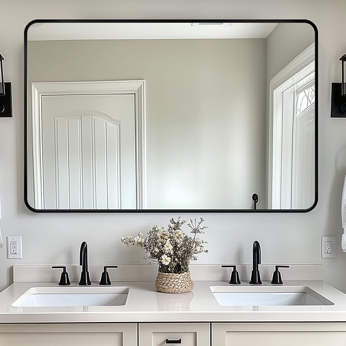 Bathroom Mirror, 48" x 30" Wall Mirror, Rectangular Aluminum Alloy Frame Contemporary Hanging Mirror for Living Room Bathroom Entryway, Black Rounded Corner