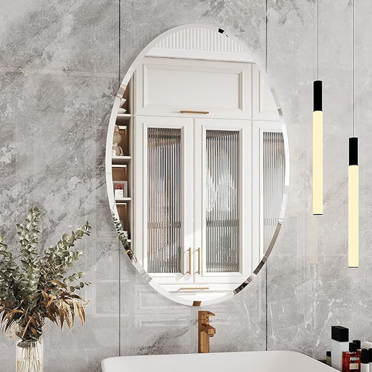 KOHROS Frameless Oval Mirror 20" x 28" Bathroom Wall Mirror w/Polished Beveled Edge, Anti-Rust, Tempered Glass (Silver)
