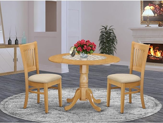 East West Furniture DLVA3-OAK-C 3 Piece Dining Set Contains a Round Dining Room Table with Dropleaf and 2 Linen Fabric Upholstered Chairs, 42x42 Inch, Oak