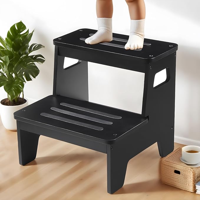 Wooden Step Stools for Kids, Heavy Duty Bamboo 2-Step Stepping Stools for Toddlers, DIY Non-Slip Pads & Handles, for High Bed, Bathroom, Toilet, Kitchen, RV, Black