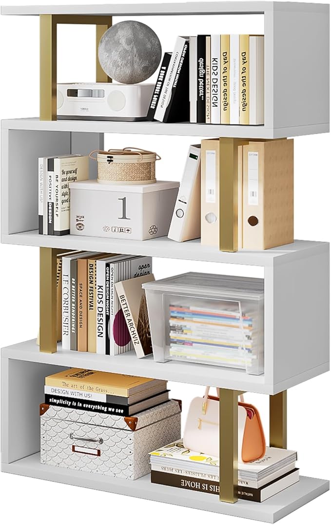 SORCEDAS Bookshelf Geometric Bookcase S Shaped Industrial Bookshelf Storage Display Stand Shelf for Living Room Bedroom and Office Room (White, 4 Tier)