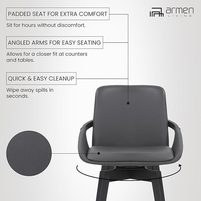 Armen Living Baylor Mid Century Modern Swivel Bar Stool for Kitchen Island Counter in Gray Faux Leather and Black Wood, 26" Seat Height