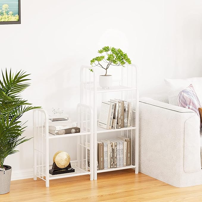 Bookshelf Storage Shelf Bookcase Freestanding Storage Stand for Living Room, Bedroom, Kitchen, Rust Resistance Easy Assembly Free Combination Multi-Functional Organizer (2 Tiers, White)