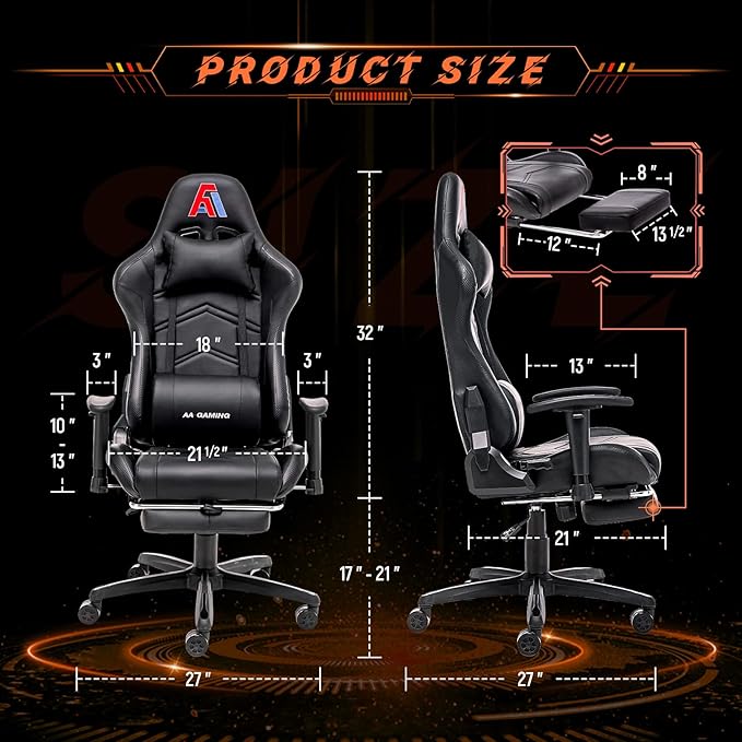 AA Products Gaming Chair Ergonomic High Back Computer Racing Chair Adjustable Office Chair with Footrest, Lumbar Support Swivel Chair - Black