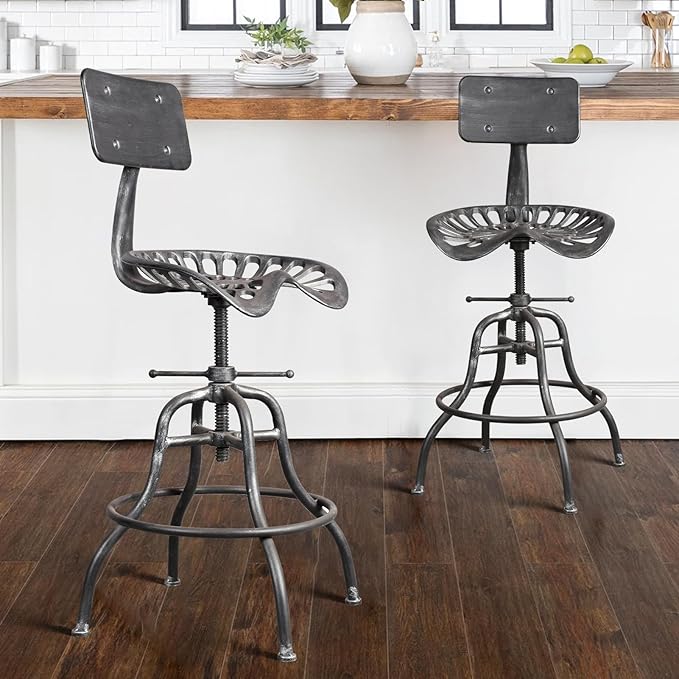 Diwhy Industrial Design Metal Adjustable Height Backrest Chair Vintage Tractor Saddle Bar Stool (Silver)