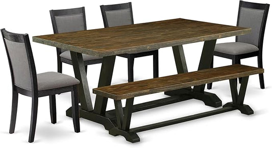 East West Furniture V677MZ650-6 6 Piece Dining Set Contains a Rectangle Dining Room Table with V-Legs and 4 Dark Gotham Grey Linen Fabric Parson Chairs with a Bench, 40x72 Inch, Multi-Color