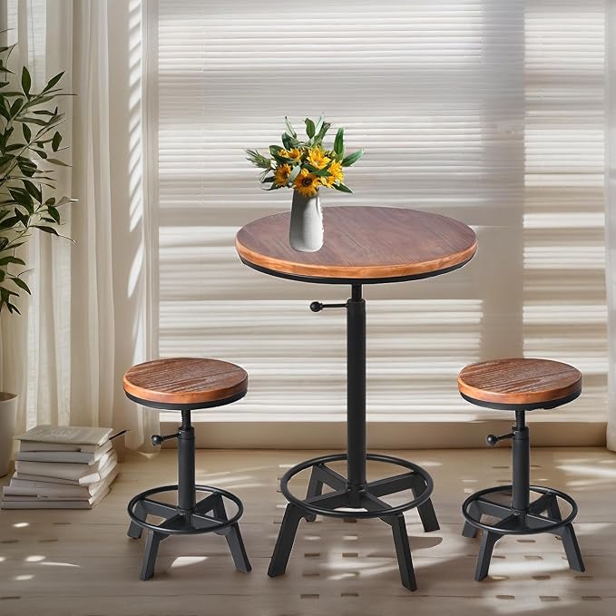 Set of 2-Industrial Bar Stool-Counter Height Chairs- Swivel Wooden Seat- Adjustable 17.7-24inch