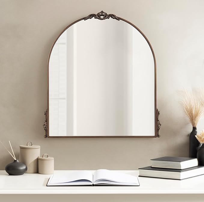 Kate and Laurel Myrcelle Ornate Vintage Arched Mirror, 30 x 32, Bronze, Decorative Wide Arch Mirror for Use as Fireplace Mantel Mirror or Bathroom Mirror for Over Sink