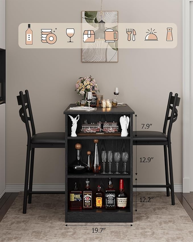 Garvee Bar Table and Chairs Set, 3 Piece Bar Table Set with with Flip Top Extension and Storage Shelves, Dining Table Set for 2, Suitable for Small Space Kitchen Apartment, Black