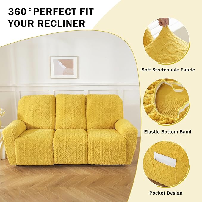 vctops 8 Pieces Geometric Jacquard Plush Recliner Sofa Covers Soft Fuzzy Fluffy 3 Seats Couch Cover Anti-Slip Sofa Slipcover Furniture Protector with Elastic Bottom for Kids Pet(Yellow,3 Seat)