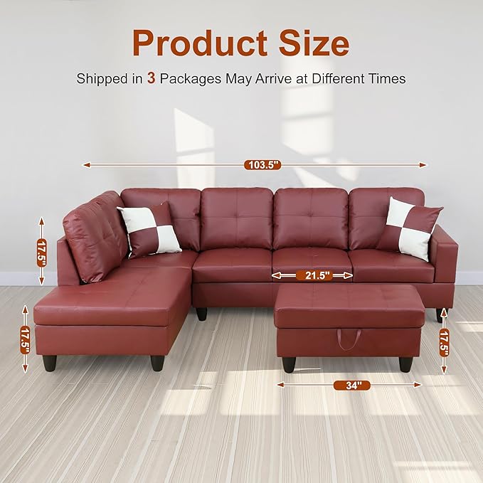Osparple L Shaped Couch Faux Leather Sectional Couches for Living Room Upholstered 3 Pieces Modular Sectional Sofa with Chaise, Ottoman with Storage for Living Room and Small Apartment, Dark Red
