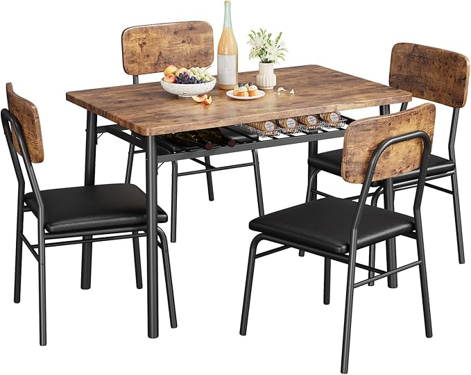 GAOMON 5-Piece Dining Table Set for 4, Wood Kitchen with Built-in Storage Rack,Small Kitchen Table with Upholstered Chairs and Metal Frame for Small Spaces, Retro Color