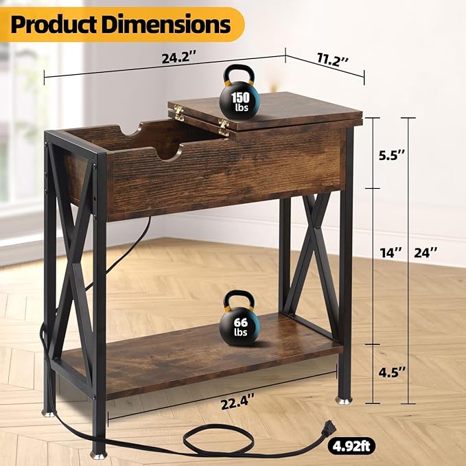 TooCust End Tables Living Room Set of 2, Narrow Side Table with Charging Station, 11.2"D x 24"W x 24"H, Flip Top End Table with USB Ports and Outlets, Couch End Tables Set of 2, Steel X-Shaped Frame