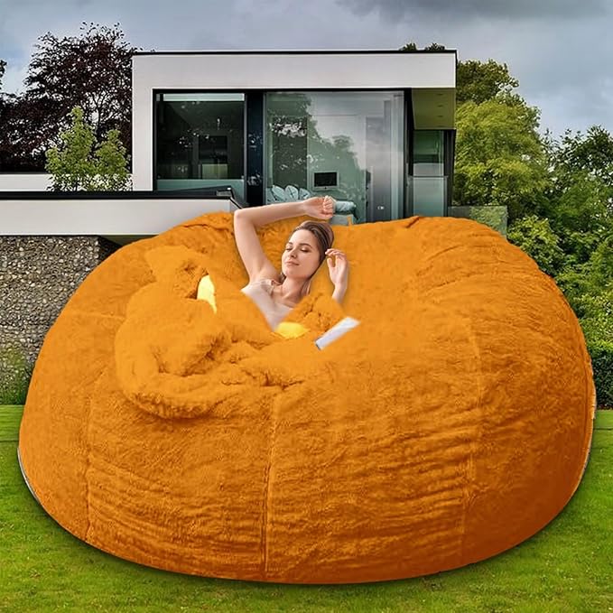 Bean Bag Chair for Adults Kids Without Filling Comfy Oversized Round Lazy Sofa Bean Bag Cover for Stuffed Animal Storage Bedroom Living Room Chairs, 6FT, Orange