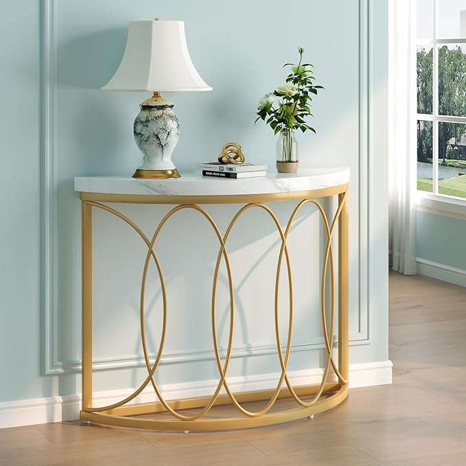 LITTLE TREE Half Moon Gold Console Table, 43 Inch Modern Faux Marble Entryway Table, Narrow Semi Circle Sofa Accent Table with Geometric Metal Frame for Living Room, Hallway
