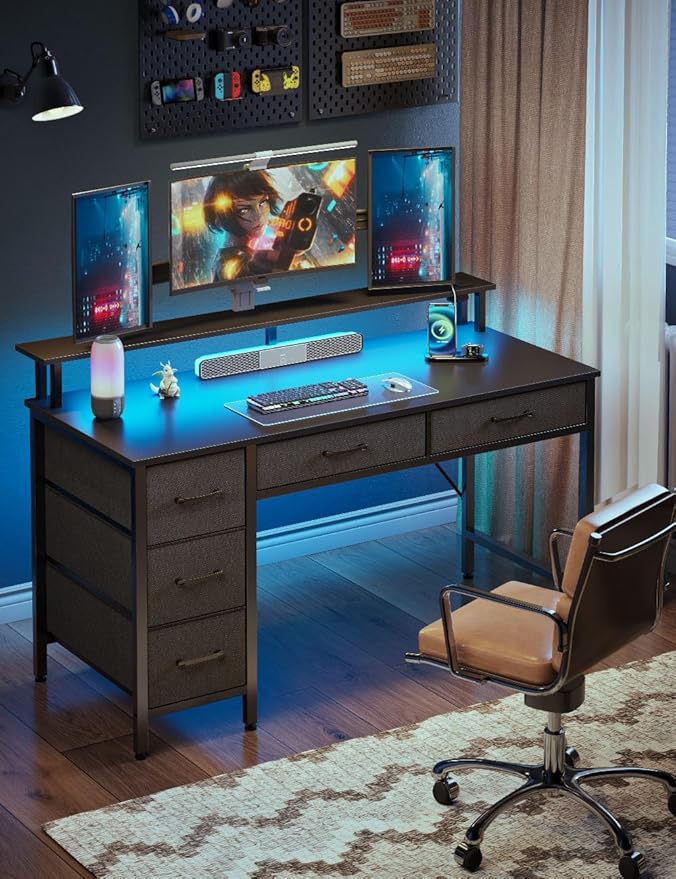 Seventable Computer Desk with Power Outlets & LED Light, 39 inch Home Office Desk with 5 Drawers, Writing Desk with Monitor Stand,Work Desk for Home Office, Black