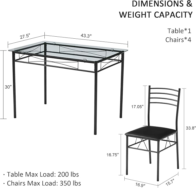 VECELO Kitchen Dining Table and Chairs Set for 4, Padded Seat & Glasses Tabletop, Space Saving, Matte Black