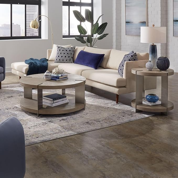 Liberty Furniture Harlow Living Room 3 Piece Set - Round Cocktail Table, 2 End Tables - Sandstone & Satin Nickel