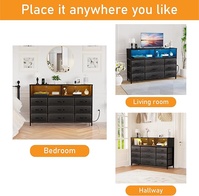 Black Dresser for Bedroom, 9 Drawers Led Dresser TV Stand with Power Outlets and LED Lights, Long Fabric Dressers Wide Chest of Drawers with Large Organizer for Living Room, Entryway, Hallway