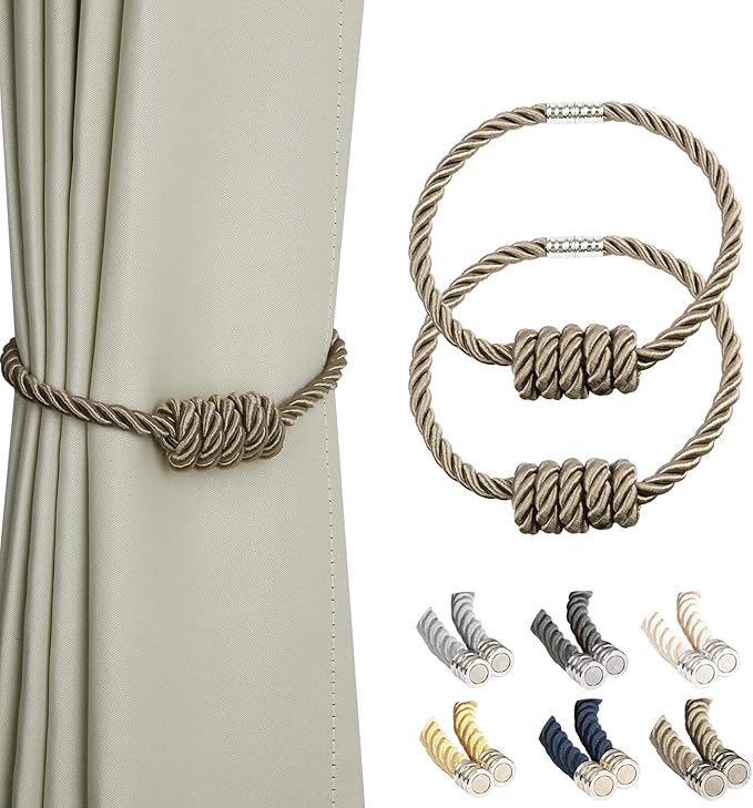 BEL AVENIR Magnetic Curtain Tiebacks, Decorative Drapery Holdbacks Modern Woven Tie-Backs with Exquisite Knot (Flaxen, 2 Pack)