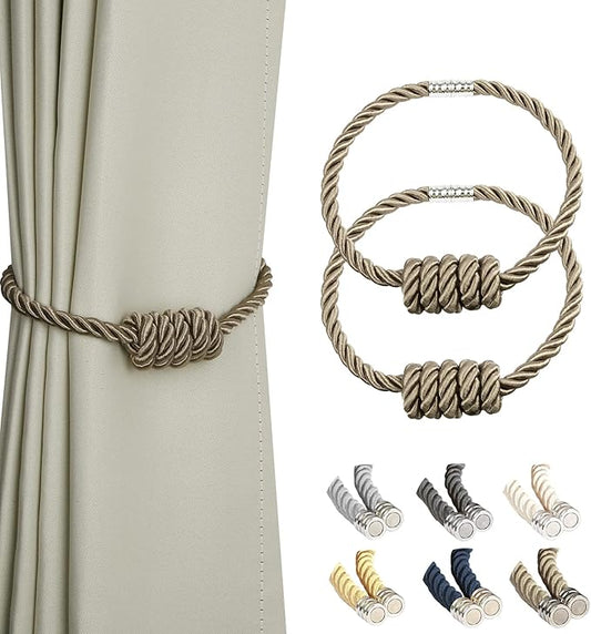 BEL AVENIR Magnetic Curtain Tiebacks, Decorative Drapery Holdbacks Modern Woven Tie-Backs with Exquisite Knot (Flaxen, 2 Pack)