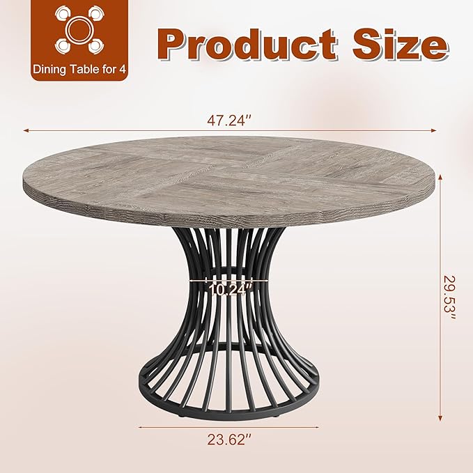 Round Dining Table for 4, 47-Inch Farmhouse Dinner Table Wooden Circle Kitchen Tables with Metal Base for Dining Room, Kitchen, Living Room, Grey and Black