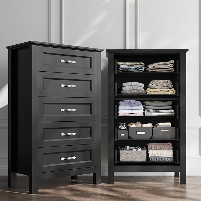 LINSY HOME Tall Dresser for Bedroom with 5 Drawers, 45" Tall Dressers & Chests of Drawers, Modern Farmhouse Large Vertical Dresser with Wood Legs for Bedroom, Closet, Living Room, Hallway, Black
