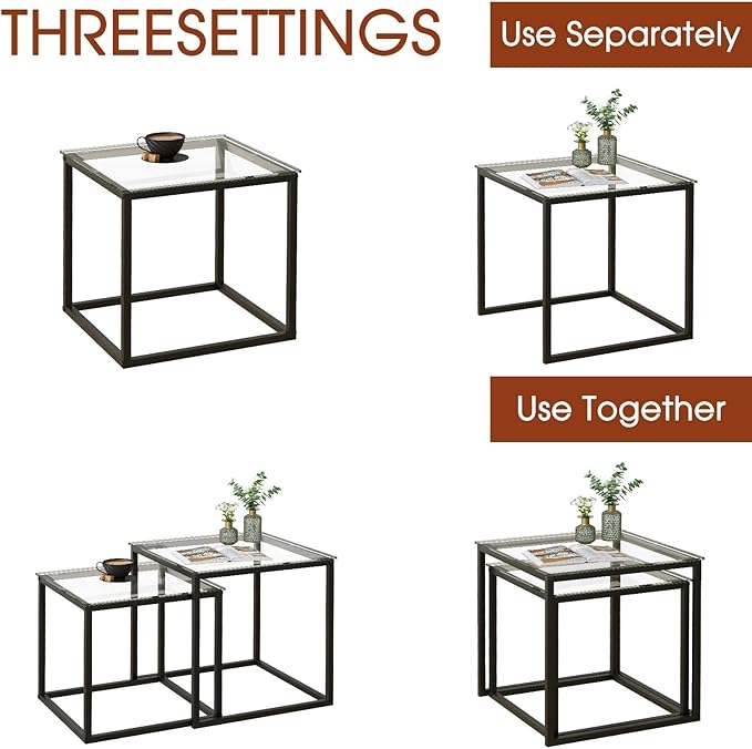 Garden 4 you Coffee Table Set of 2, Modern Glass Nesting Table, Metal Frame Square Center Table Set, Side Tables, Nesting Coffee Table for Living Room, Bedroom and Small Spaces, 19.7in Black