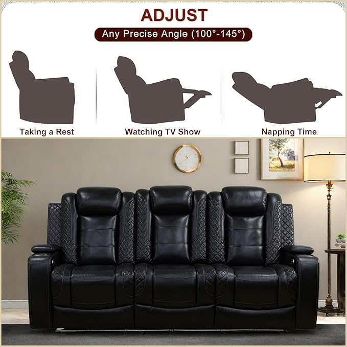 Leather Recliner Sofa Couch, 3-Seater Home Theater Seating Reclining Sofa, Power Reclining Couch with Cup Holders & Drop Down Table for Living Room Furniture Sets, Black