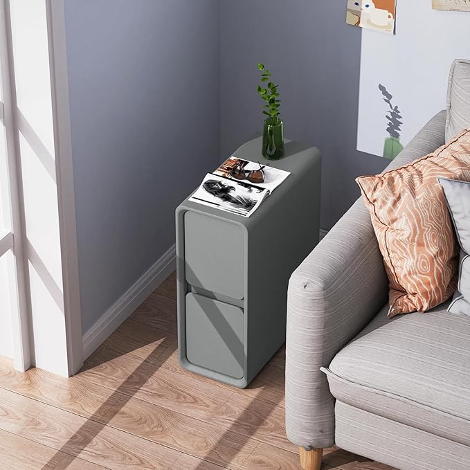VICITON Modern Narrow Faux Leather Nightstand, Solid Wood Drawer, Storage Accent Table, Small Side End Table for Bedroom (Gray, Narrow)