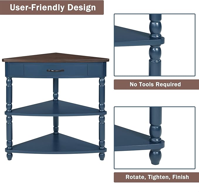 GDFStudio Trmxmbi 3 Tier Corner Console Table with 1 Storage Drawers and Shelves, 33.8'' Rustic Wood Triangle Sofa End Table for Small Spaces, Solid Wood Legs, Navy Blue and Espresso Top
