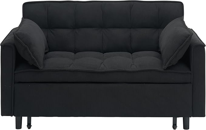 Ball & Cast 54" Convertible Sleeper Sofa Bed,Convertible Pull Out Couch with 2 Pillows,Adjustable Backrest & Side Pocket,Loveseat Futon Sofa Bed for Living Room,Apartment,Corduroy Fabric,Black