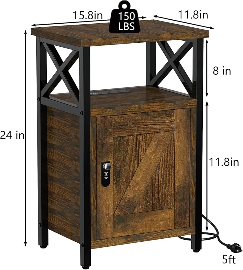 Wooden Nightstand with Lock, Bed Side Table with Drawers, Bedside Table with Charging Station, 3 USB & 2 Outlets, Night Stand with Storage, End Tables for Living Room, Bedroom, Dorm, Brown