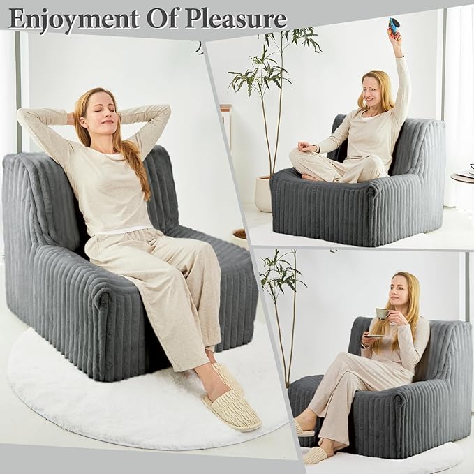 Super Comfy Lazy Sofa Chair, Soft Faux Fur Accent Chair for Living Room, Lounge Armless Floor Couch for Bedroom, Cozy Modern Single Sofa with Mememory Foam to Reading, Gaming (Grey)