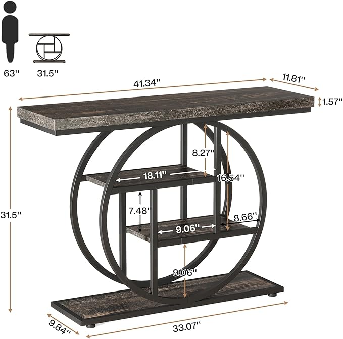 Tribesigns 41.3" Console Table, Industrial 4-Tier Sofa Table Entryway Table with Circle Base, Narrow Wood Accent Tables with Storage Shelves for Living Room, Hallway, Foyer, Charcoal Black