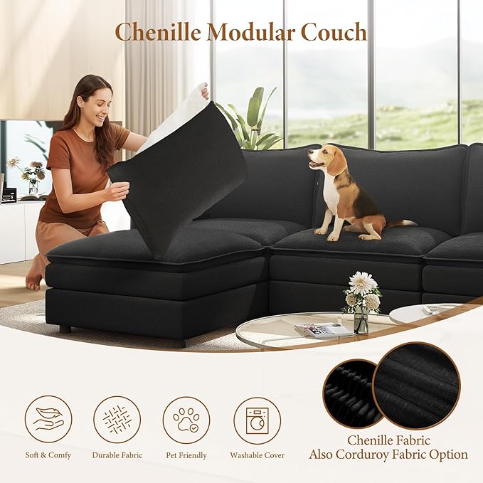 Vesgantti 142" U Shaped Sectional Couch, Comfy Cloud Modular Sectional Sofa with 2 Ottoman Deep Seat Chenille Modern Cloud Sofa, Modular Sofas for Living Room, Bedroom and Apartment, Black