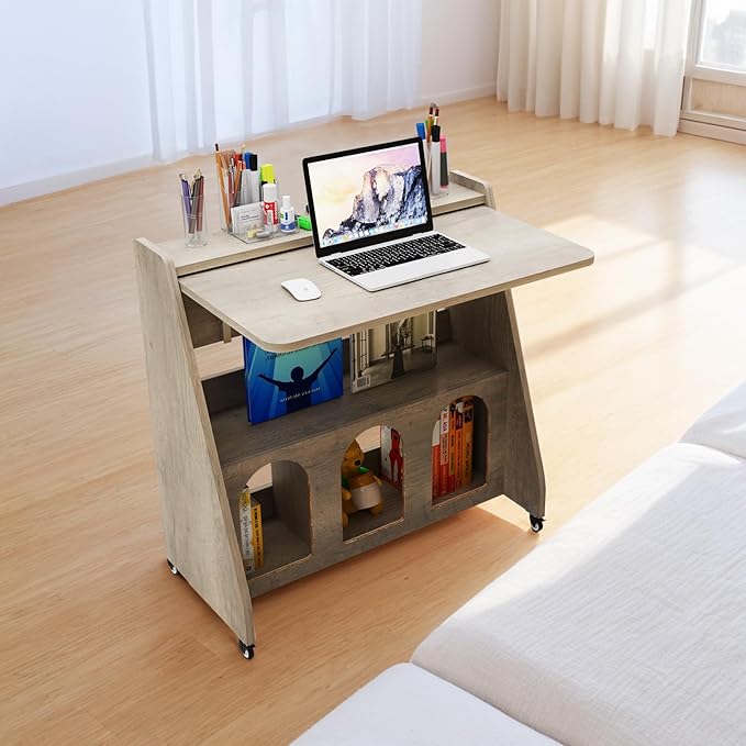 Pmnianhua Portable Mobile Desk on Wheels,Mobile Workstation,Rolling Computer Desk with Wheels and Storage for Home Office Small Space (Grey)