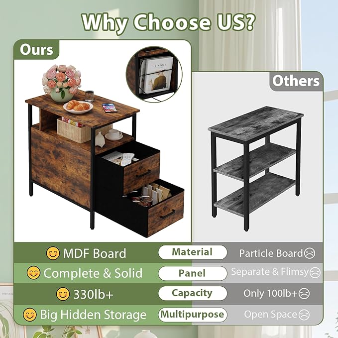 End Table with Charging Station, Narrow Side Table with 2 Fabric Drawer & Storage Shelf, USB Ports & Power Outlets, Narrow Nightstand for Bedroom Living Room and Small Spaces, Rustic Brown