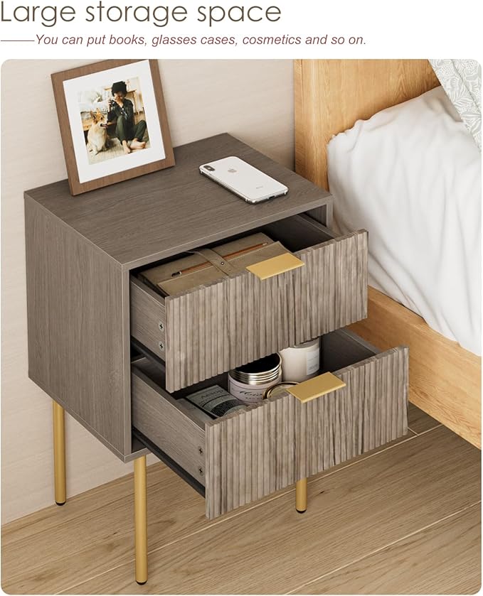 Nightstand,Small Bedside Table with Gold Frame,Morden Night Stand with 2 Drawer,End Table,Side Table with Drawer and Shelf for Bedroom,Living Room (Grey-2Drawer)