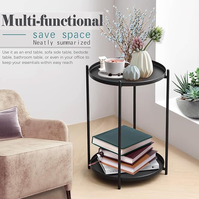 Round Side Table, 2-Tier Small Round Table, Round end Table, Nursery Side Table, with Removable Tray, for Room, Bedroom, Balcony, Living, Sofa, Kitchen, and Office